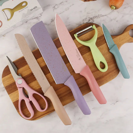 Chinese Kitchen Knife Professional Stainless Steel Cutting Tools Wheat Straw Six Piece Kitchenware Gift Box