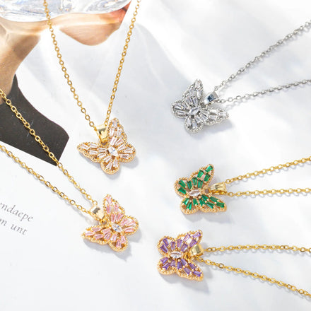 Hot Selling Exquisite 18k Gold Stone Butterfly Necklace Stainless Steel White Pink Zircon Butterfly Pendant Necklace