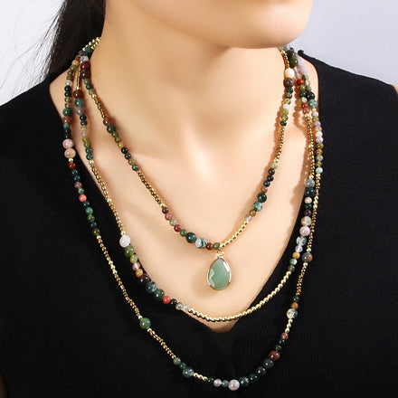 Fashionable Bohemian Women Jewelry 3-Layer Natural Stone Hematite Beaded Necklace Small Droplets Pendant Necklace