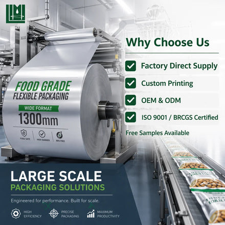 Custom Printed 1300mm Wide Format Food Grade Flexible Packaging Roll Film for Bulk Food Industrial Use BRCGS ISO