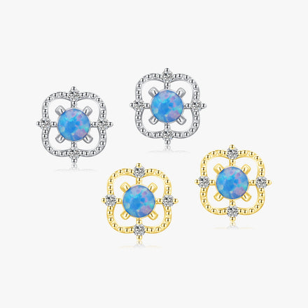 Real 925 Sterling Silver Hollow Out Line Ear Studs for Women Blue Opal Trendy Stud Earrings Fine Valentine's Day Jewelry