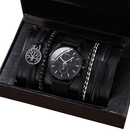 5 PCS/Set Men Leather Watch Bracelet Gift Box Set Watches Bracelet Set Leather Band Quartz Watch Clock Gift for Male