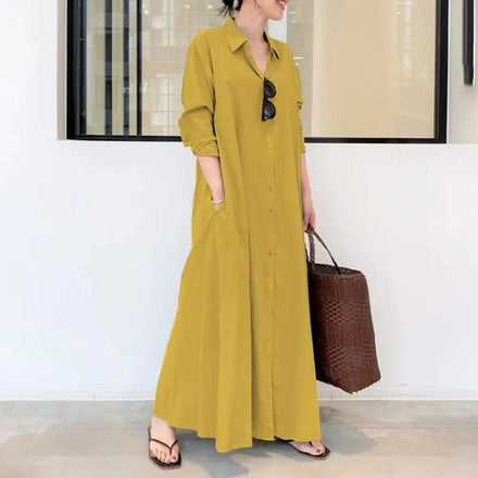 Fashion Women's Spring Summer Autumn Casual Loose Fit Plus Size Satin Shirt Collar Long Sleeve Panel Dress