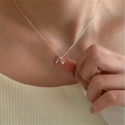 925 Sterling Silver CZ Zircon Heart and Key Shape Pendant Necklace for Women Wedding Party Jewelry