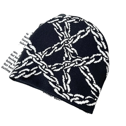 Unisex Acrylic Jacquard Winter Cap Fashionable Hip Pop Style 3D Embroidery Logo Graphic Chain Pattern Warm Knitted Sport Travel