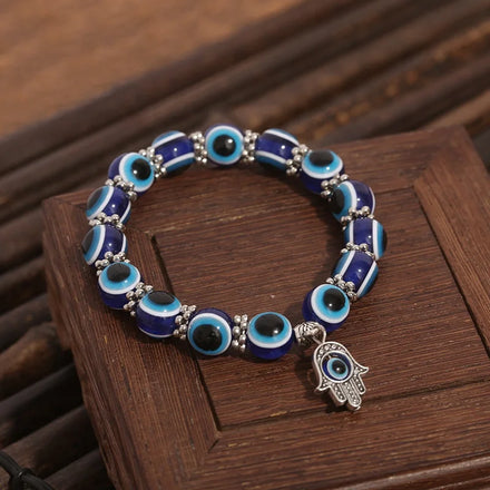 Fashion Jewelry Blue Eye Stone Charm Handmade Elastic Rope Palm Lucky Turkish Eye Pendant Women Bracelet
