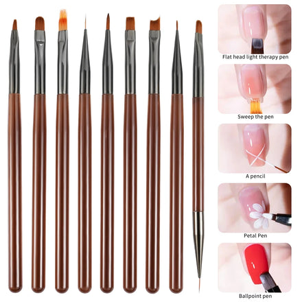 9Pcs Nail Art Set Brushes Acrylic Handle Gel Extension Drawing Brown Painting Wire Carving Design Manicure Decorate Tools