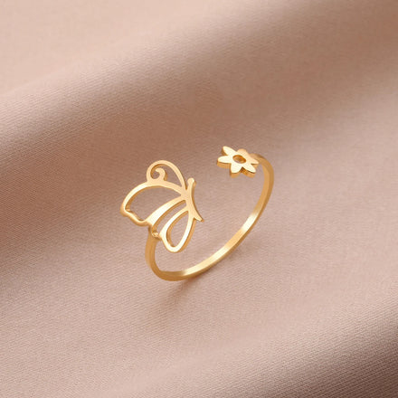 Butterfly and Flower Open Rings for Women Fashion Insect Adjustable Ring Stainless Steel Jewelry Birthday Party Gifts