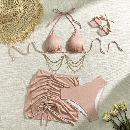 Glitter Fabric Gold Chain Bikini 3 Piece Set Pink Halter Side Tie Ruched Wrap Skirt Beach Resort Swimwear