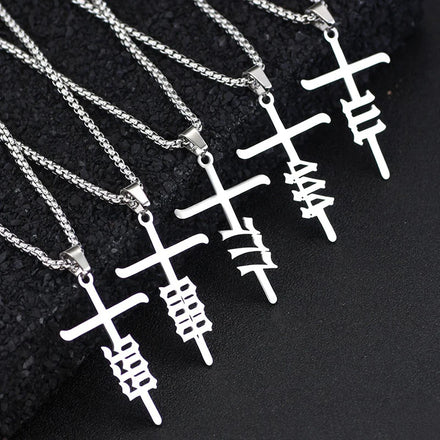 Waterproof 111- 999 Angel Number Necklace Fashion Stainless Steel Lucky Angel Number Cross Pendant Necklace for Men Boys
