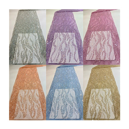 New Design Beaded Lace Purple Pink Yellow Glitter Sequin African Laces Crystal Pearls Bridal Wedding Embroidery French Fabric