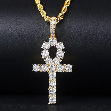 European Hot Selling Vintage Egyptian Jewelry Gold Filled Iced Out Bling Bling CZ Diamond Ankh Cross Pendant Necklace