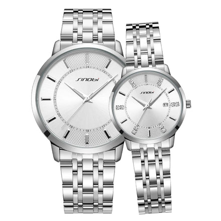Luxury Fashion Alloy Couple Watch for Men and Women Waterproof Quartz Movement Stainless Steel Band Calendar Feature