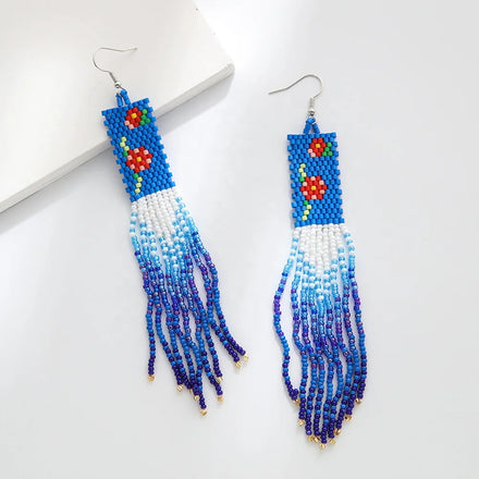 2024 Ultra Long Fringe Glass Bead Huggie Earrings Multi-Color Pink Flower Jewelry for Women Bohemian for Punk Religious Look