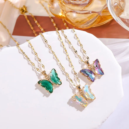 22 Gradient Color 18k Gold Butterfly Women Necklace Stainless Steel Green Purple White Zircon Butterfly Necklace