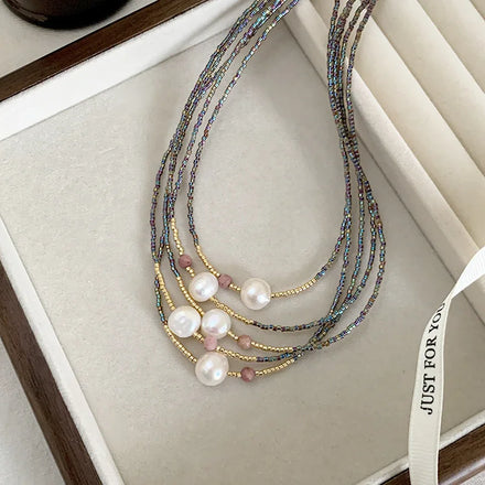 New Natural Freshwater Pearl Rice Bead Beaded Necklace Fashion Baroque Pearl Necklace Boho Beaded Necklace Jewelry for Women