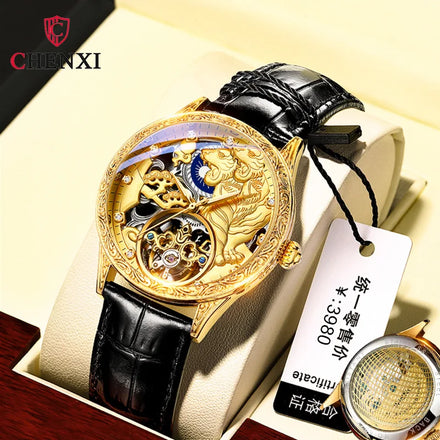 New Style CHENXI New Leather Mechanical Watch Men's Waterproof Luminous Golden Tiger Flywheel