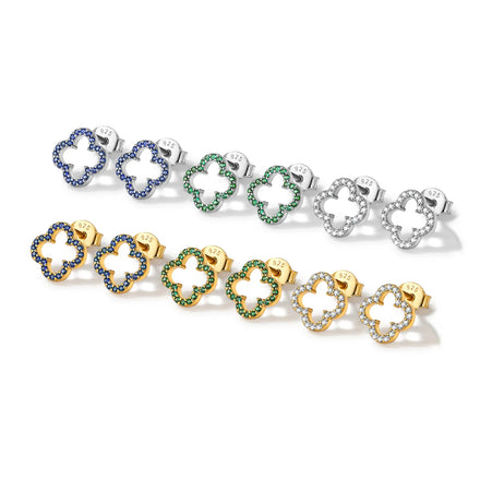 Daidan Gold Plated Jewelry 18K Pave Cz 925 Silver Jewelry Zircon Stud Hollow Clover Earrings
