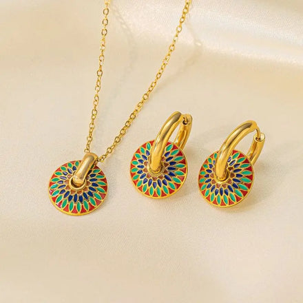 Vintage Fashion 304L Stainless Steel 18k Gold Plated Colorful Drip Oil Daisy Jewelry Set Bohemia Tiny Hoop Earring for Women
