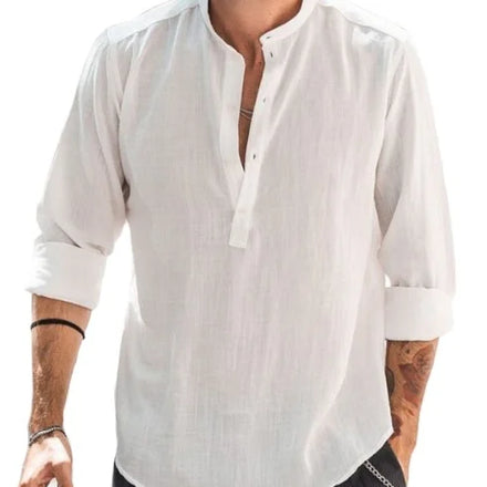 2024 European and American Men's Casual Stand up Collar Solid Color Long Sleeved Shirt Bamboo Knot Cotton Linen Shirt