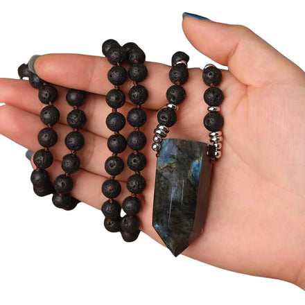 Labradorite Point Pendant Healing Necklace Black Lava Round Beads Handmade Necklaces for Men