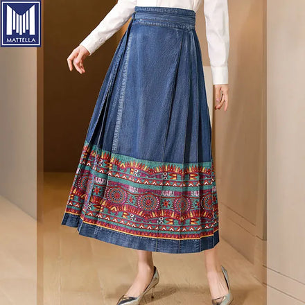 Premium Vintage Breathable Natural Waist Lightweight 100% Blue Women's Loose A-Line Floor-Length Denim Skirt