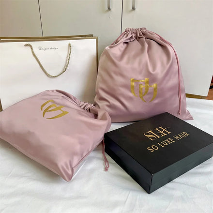 BSCI Satin Bags Custom Logo Satin Drawstring Bag for Packaging Hair Extensions Bundles Wigs Soft Silk Pouches With Drawstring