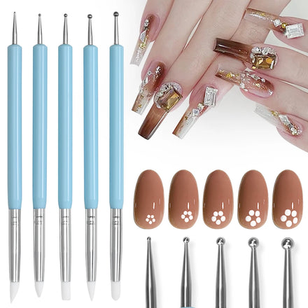 5 Pcs/set Double-Headed Nail Dotting Pen Silicone Nail Pen Nail Art Brush UV Gel Painting Drawing Brush Manicure Tool
