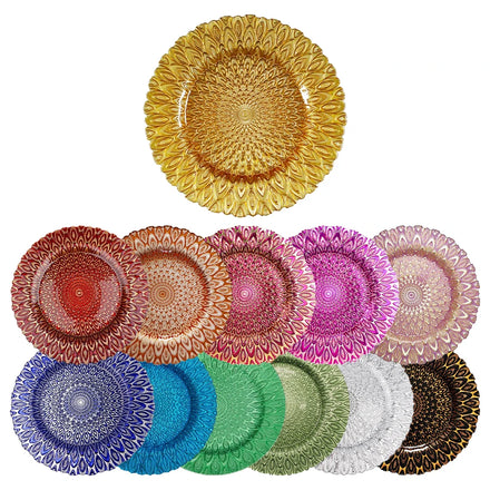 New Peacock Feather Design Crystal Glass Underplate Chargers Different Color Enamel Technique for Wedding Event Table Decor