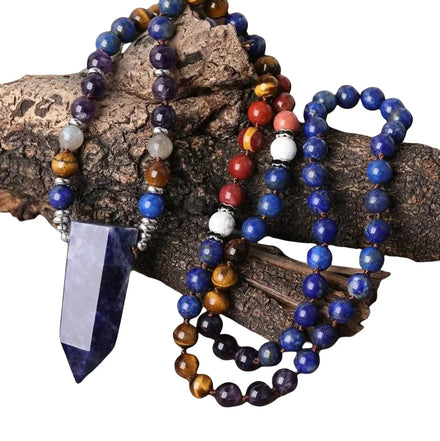 Natural Sodalite Stone Point Pendant 8mm Amethyst Crystal Tiger Eye Lapis Round Beads Knotted Handmade Necklace Mala Jewelry