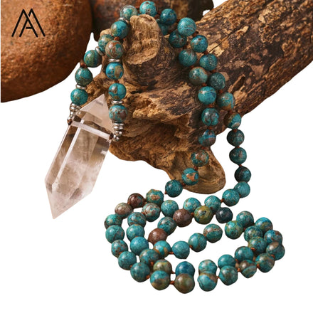 Ocean Agate Mala Necklace Healing Crystal Double Point Pendant Knotted Necklace Yoga Jewelry Energy Gift