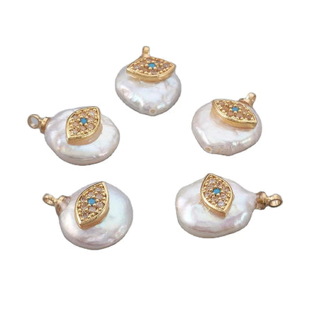 PandaHall 10 Pcs Summer Theme Real Gold Plated Fine Pendants Eye Cubic Zircon Natural Pearl Pendant