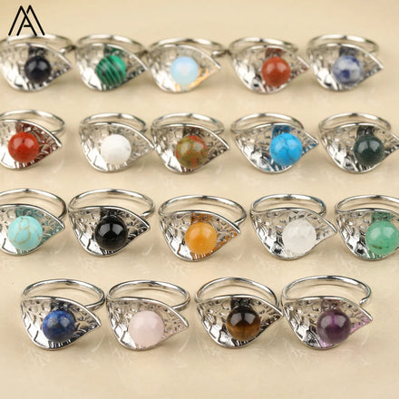 Leaf Shape Paved Silver Ring 8mm Round Stone Beads Boho Style Fashion Gifts