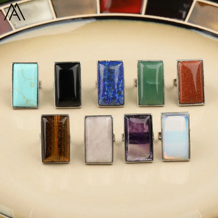 Large Rectangle Stone Cabochon Beads Silver Ring for Men's Birthday Gifts
