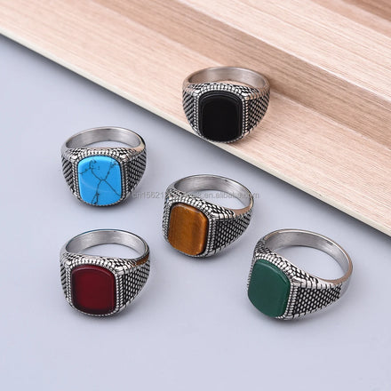 Exquisite Men's 316L Stainless Steel Agate Gemstone Ring with Bezel Setting Classic Style Factory Direct Sales