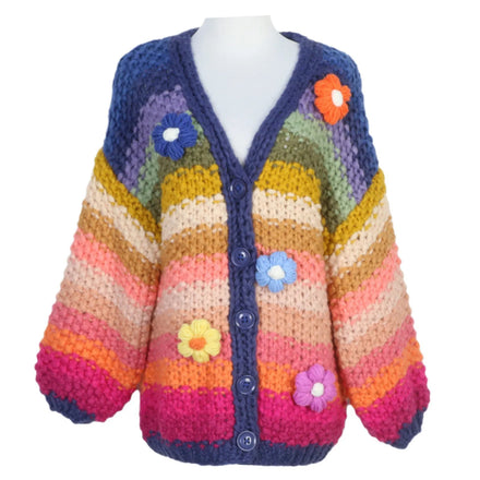 Multi Colors Rainbow Stripes Hand Knit Buttons up Cardigan Drop Shoulder Floral Decorations Loose Sweaters for Women