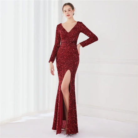 19118# New Party Elegance Long Long Sleeve Sequin Fishtail Evening Dress