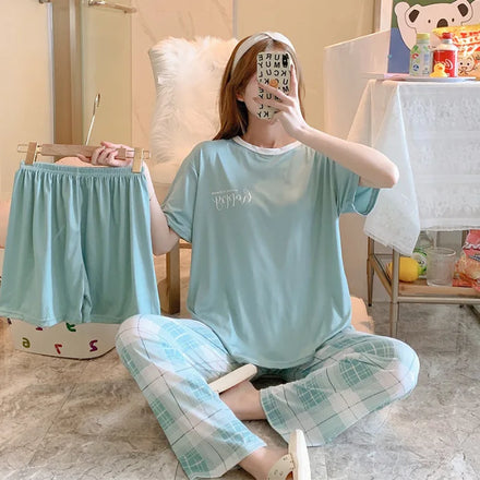 2024 New Designs Summer Lady's Pajamas Set Short Sleeve Trousers and Shorts 3 PCS Home Wear Ladies Clothes Set