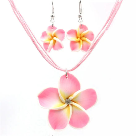 Hawaiian Colorful Polymer Clay Plumeria Necklace Earrings Jewelry Set Summer Fresh White Pink Cherry Flower Necklace Earrings