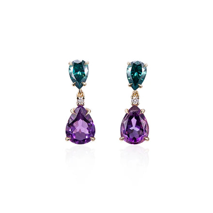 MSE-691 Green Sapphire Earrings Pink Sapphire 10K Yellow Gold Pear Cut Lab Grown Diamonds Stud Earrings