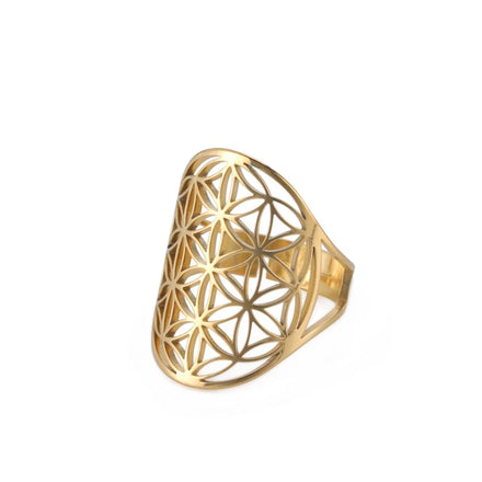 Flower Stainless Steel Open Rings for Women Girls Sacred Geometry Jewelry Amulet Adjustable Rings Gifts