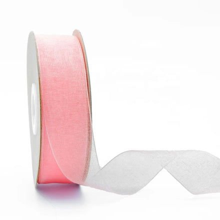 Rose Pink Sheer Organza Ribbon Roll 25mm Luster Tulle Double Face 100% Polyester Voile for Wedding Invitation Decoration