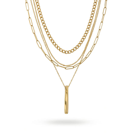 QIAOREN 11337 18K Gold Plated 4 Layered Mixed Chain Necklace With Vertical Bar Pendant Stainless Steel Tarnish Free
