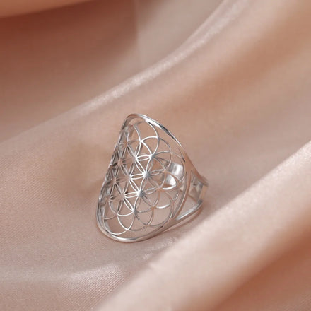 Viking Flower Stainless Steel Rings Oval Geometric Adjustable Ring for Women Men Vintage Jewelry Couple Gift