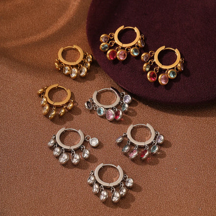 Stainless Steel Hoop Earrings Cubic Zirconia Jewelry Women Waterproof huggies Earring Colorful Zircon Beads Tassel Jewelry