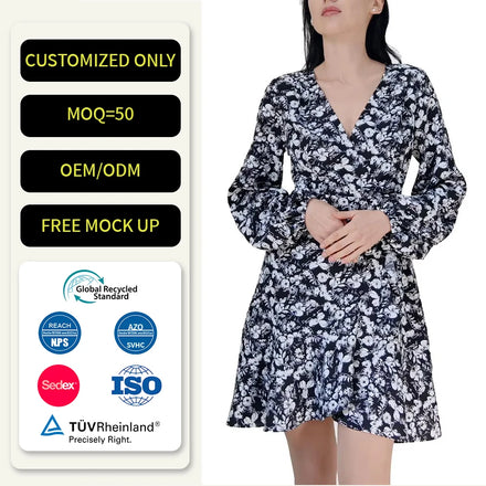 Custom Black Modest Chiffon Elegant Women Lady Casual Maxi V-Neck Dresses Long Sleeve Floral Pattern Natural Dress