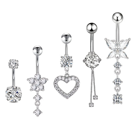 Set 5 Women's Stainless Steel Belly Button Rings 14G Navel Piercing Jewelry Heart Flower Butterfly Design Zircon Stone 5Pcs/Nail