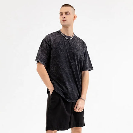 Men's Loose Fit Cotton T-Shirt 260G Distressed Stone Short-Sleeved Snowflake Fried Design Over-Sized Washed Fashion Brand