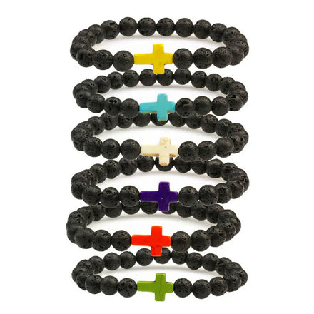 Hot Sale Lava Stone Christian Jewelry Colorful Turquoise Cross Charm 8mm Natural Lava Stone Bracelet
