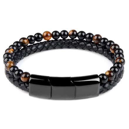 Custom Stainless Steel Magnetic Clasp Black Genuine Leather Natural Tiger Eye Lava Stone Beads Bracelet